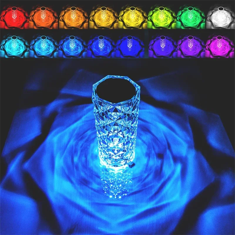 Crystal Table Lamp for Bedroom 16 Colors Touch/Remote Dimmable Night Light USB LED Bedside Diamond Rose Lamp
