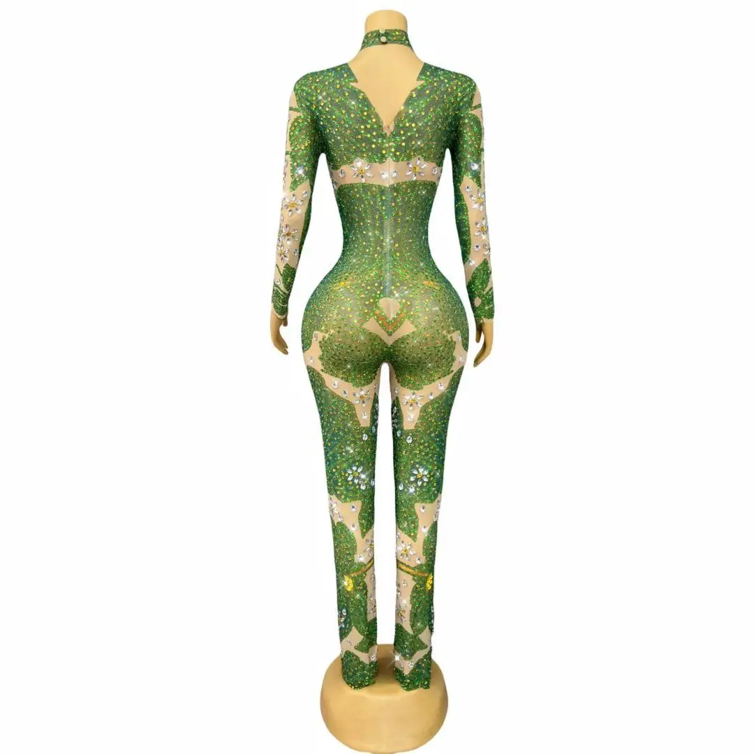 จั๊มสูทตาข่ายประดับคริสตัลวิบวับ ดีไซน์หรูหรา เซ็กซี่ เหมาะสำหรับงานแฟชั่นโชว์ งานปาร์ตี้ ชุดนักร้อง นักเต้น ชุดแสดงบนเวที