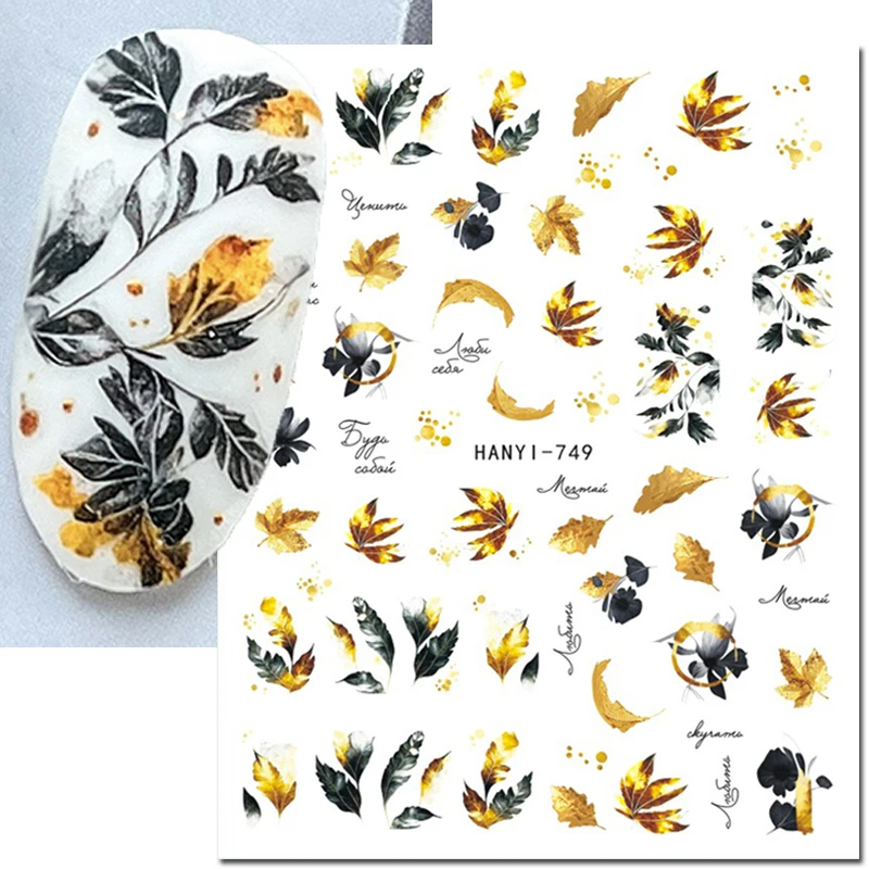 

3d Nail Art Stickers Autumn Winter Golden Black Dry Leaves Adhesive Sliders Decals For Nails Tips Decorations Manicures