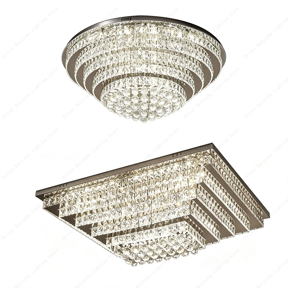 Get This Shape Options Available Crystal Ceiling Lights, Luxury Stainless Steel Ceiling Mounted Lamps for Foyer Living Room