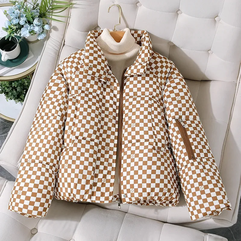 2024 Autumn/Winter New Women Checkerboard Cotton Jacket Ladies Thicken Down Cotton Coat Short Casual Outwear Female Warm Parkas