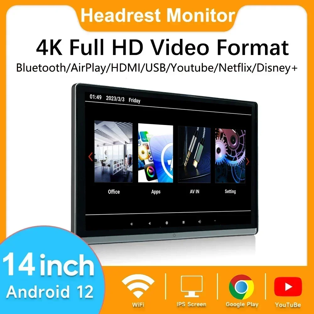 13.3/14'' Dual HDMI 2G+32G/4G+64G/8G+128G Car Headrest Monitor Display IPS Android 12 Touch Screen For Car Rear Seat Player