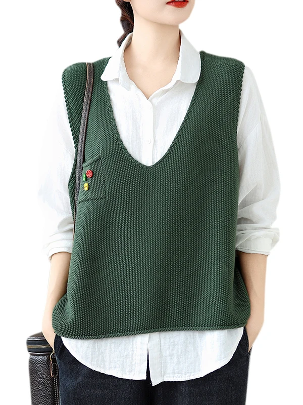 루즈핏 브이넥 니트 베스트 여성용 봄 가을 신상 스타일 민소매 겹겹이 입는 티셔츠 상의 출퇴근 스타일