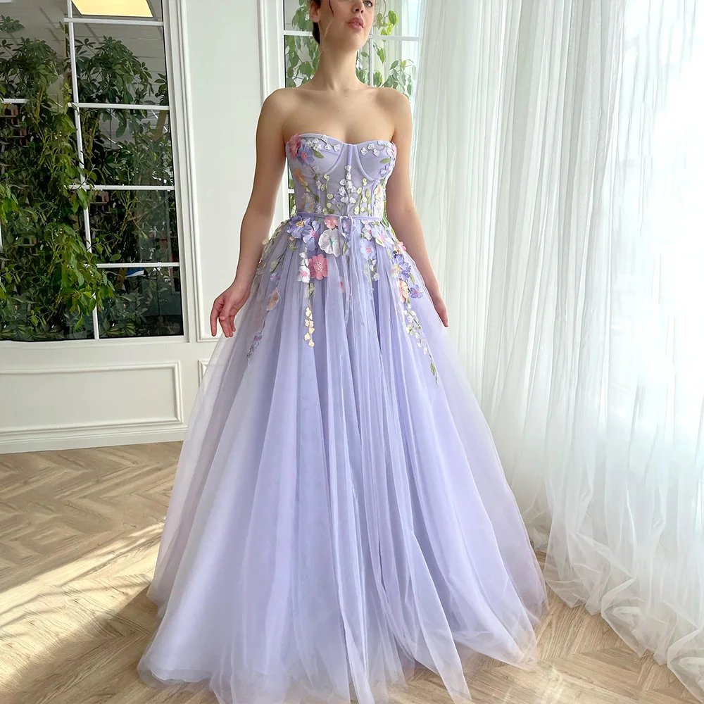 Lavender Flower Embroidery A Line Prom Dresses Draped Tulle Sweetheart Princess Graduation Party Dress 2024 Homecoming Gowns