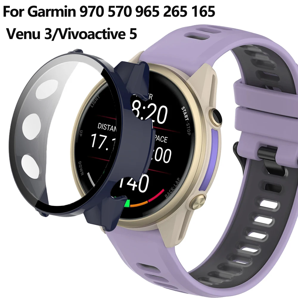 PC-Gehäuse + HD-gehärtetes Glas für Garmin Forerunner 970 570 965 265 165 Fallsichere Displayschutzfolie für Vivoactive 5/Venu 3 Hülle