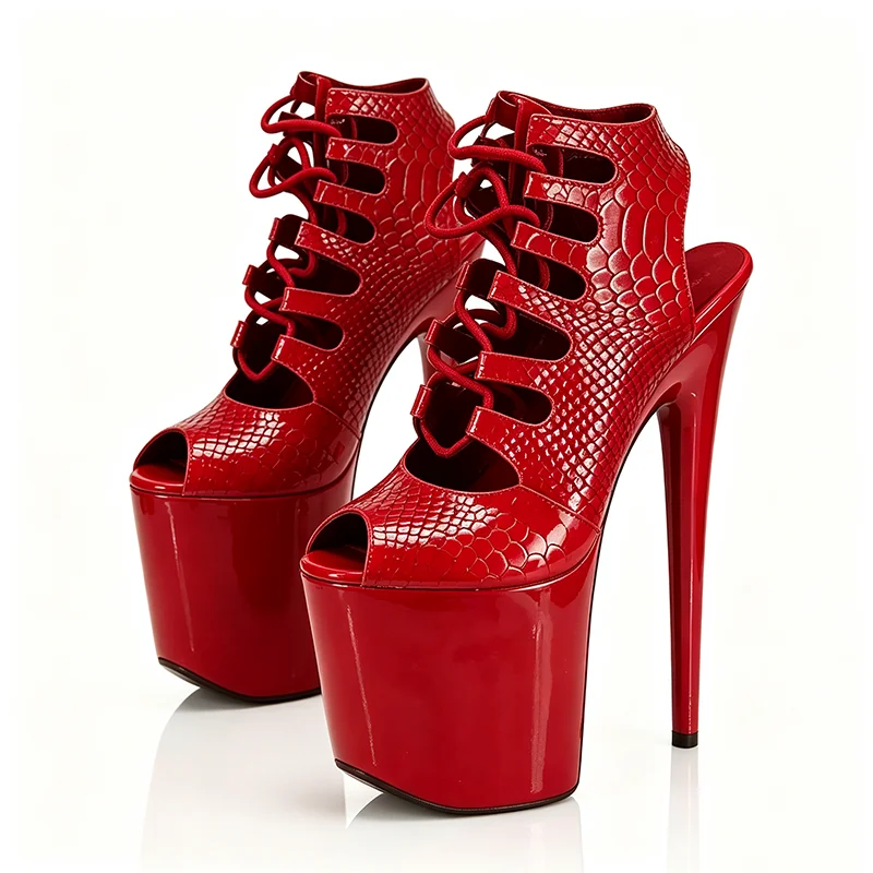 New Red Snake Print Patent Peep Toe Lace Up Platform Stilettos Pole Dance Boots Club Stage Dancer Party 20cm High Heel Footwear