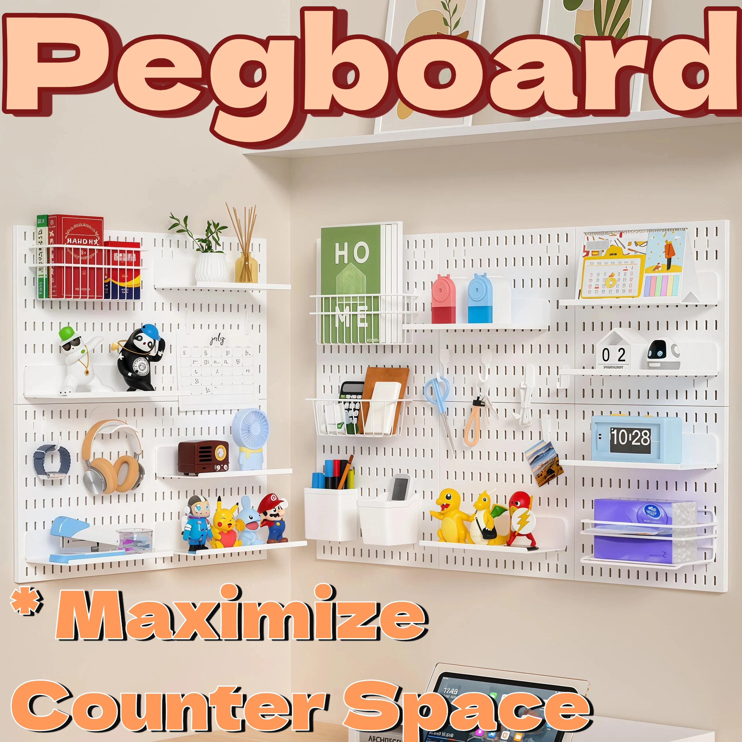 PP Pegboard Wall Storage for Living Room Sofa, Mounted Hole Board with Shelf Tray for Books Remote Snacks Display, Black White