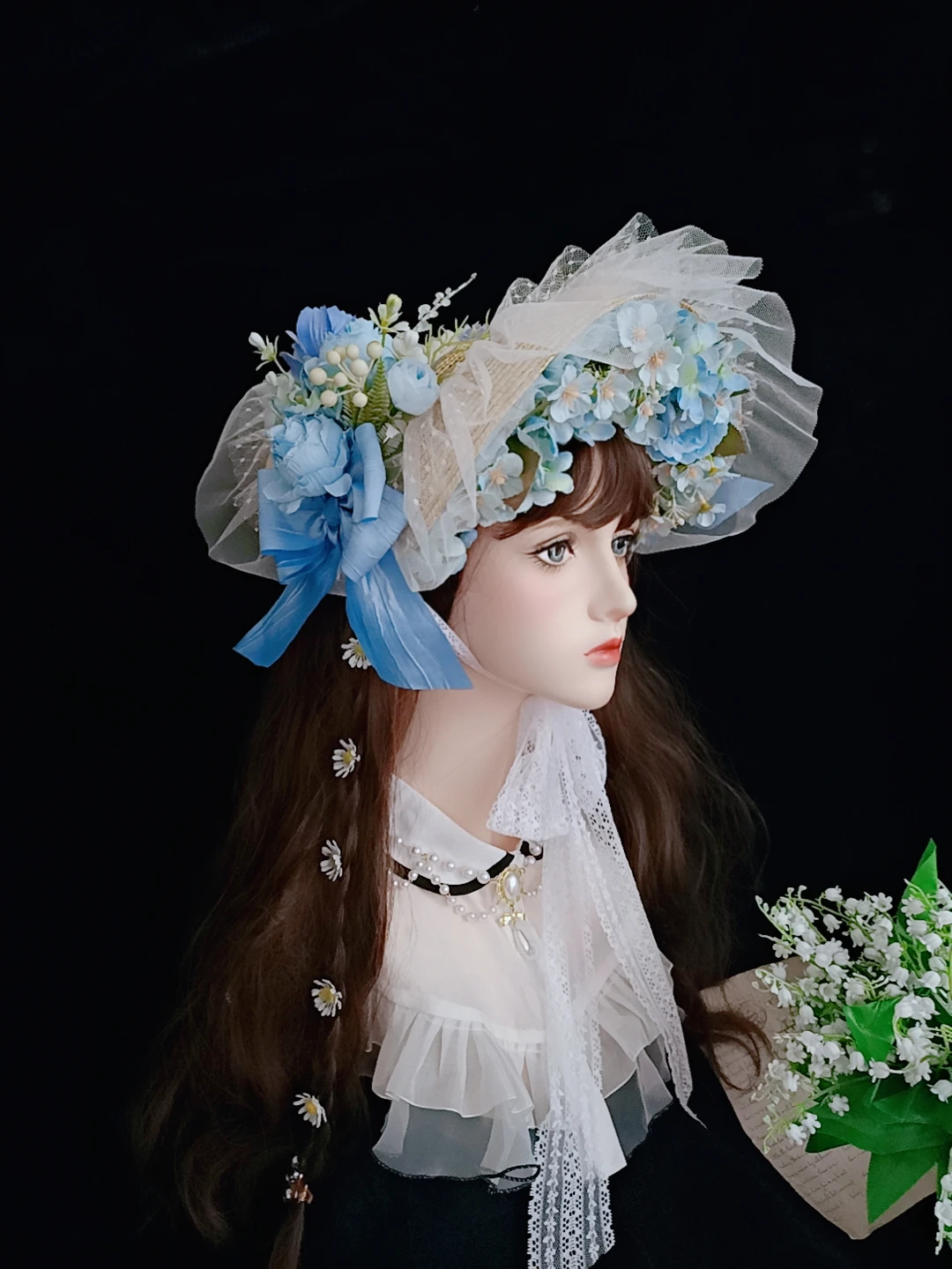 

Straw Hat Flat Lolita Hand-Made Gorgeous Elegant Tea Party Pastoral Multi-Lace Wave Knight Felt Light Blue