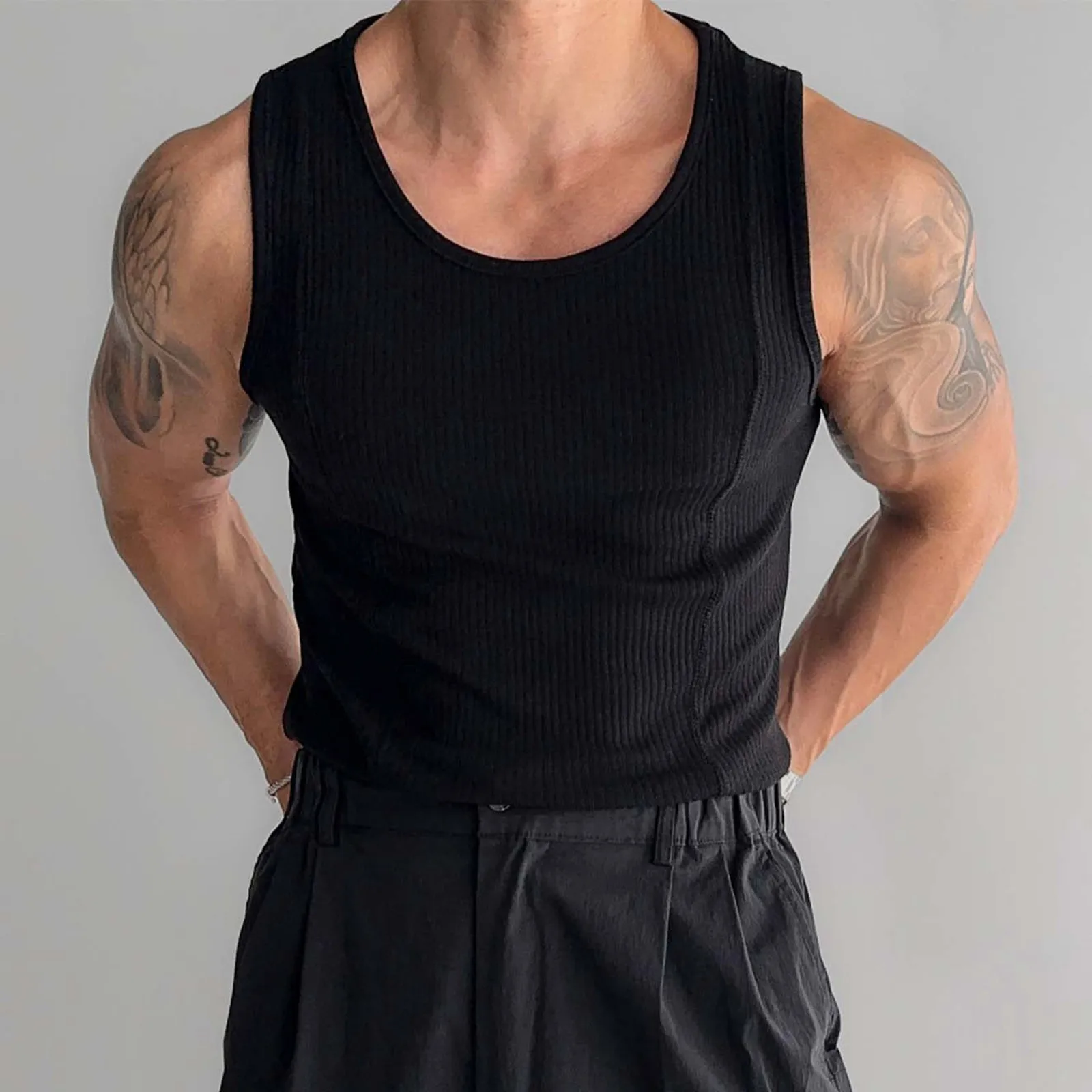 Men's Slim Fit Striped Sports Vest Breathable Athletic Tank Top For Fitness Running Tee Shirt Long Sleeve Land Sleeve Undershirt