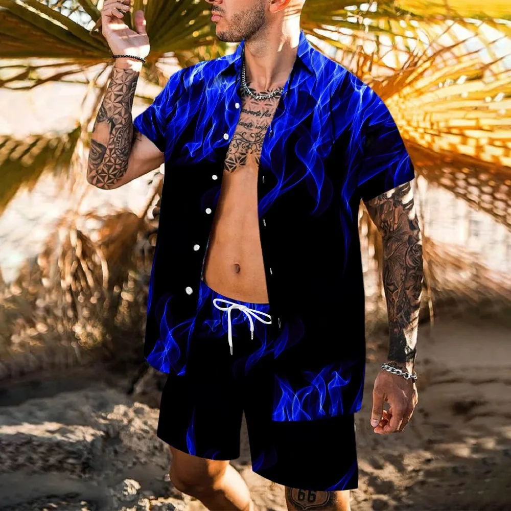 

NEW Summer Men Shirt Set 3d Print Colored Flame Beach Short Sleeve Casual Shirt Oversized Beach Shorts Streetwear Hawaiian Suits