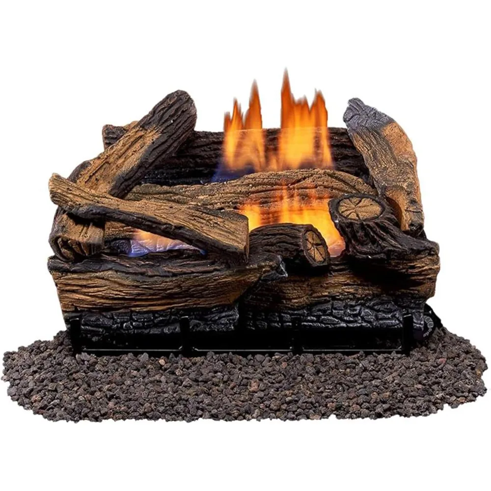 Red Oak Ventless Log Set – 18 Inch, 30,000 BTU, Dual Fuel (Propane/Natural Gas), Remote Control, Realistic Fireplace Insert