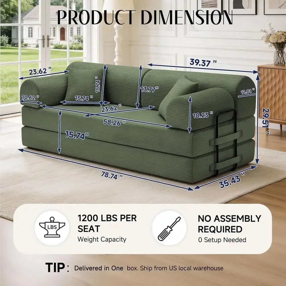 6-in-1 Convertible Sofa Bed, Corduroy Sleeper Couch with Removable Armrests, Pillows, No Assembly - Light Green