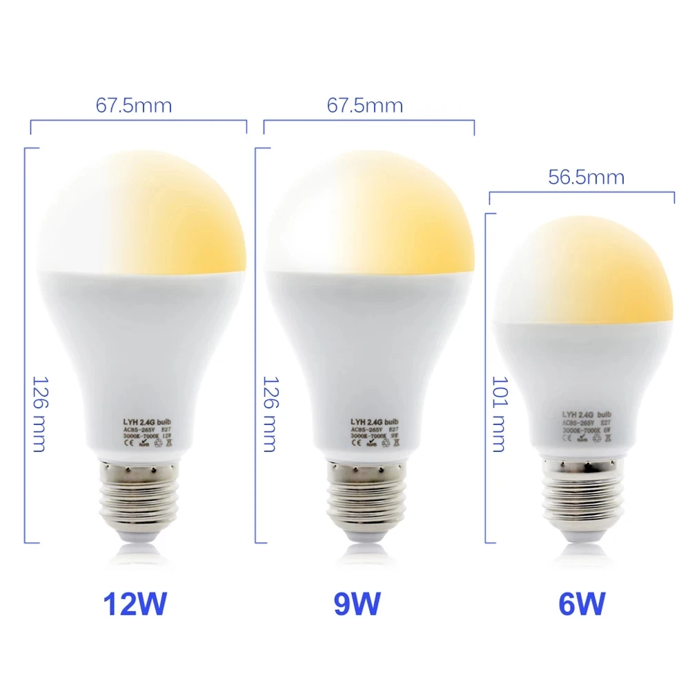 2,4g rf smart led lampe e27 AC86-265V fernbedienung warmweiß kaltweiß dimm bares licht timing led lampe lampe 6w 9w 12w