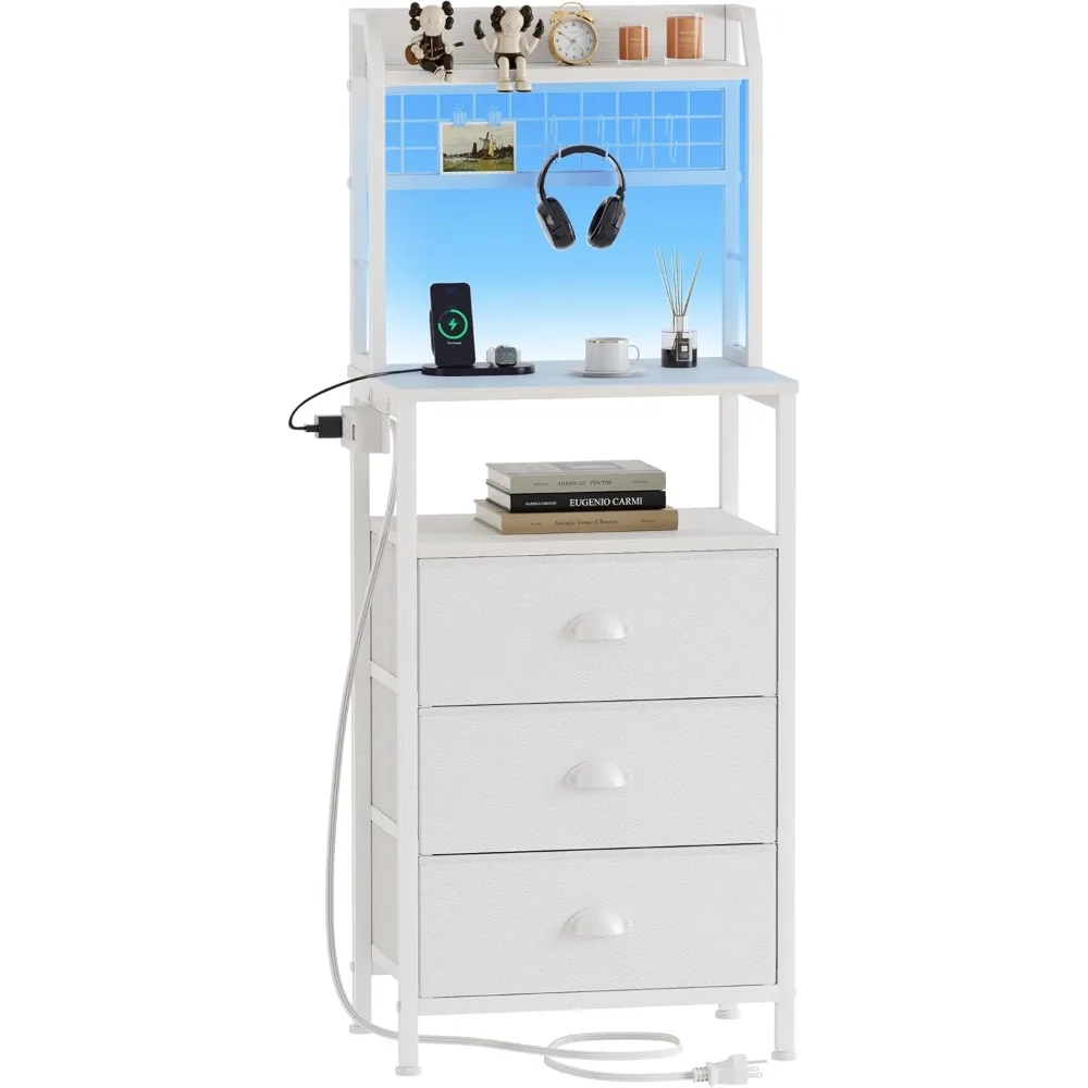 

Tall Nightstand with 3 Drawers,LED Nightstand with Pegboard and Shelves, Tall Bedside Table for Bedroom/Living Room/Office