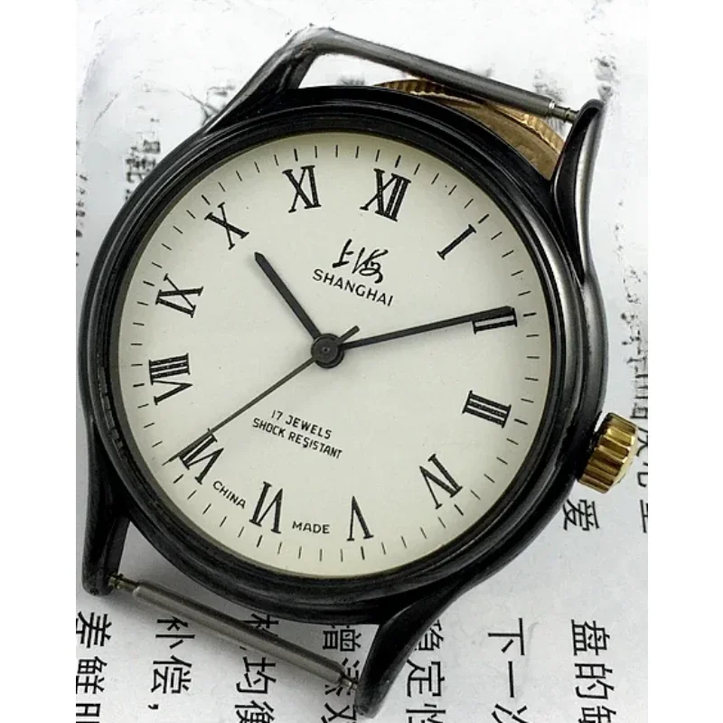 

Original Shanghai brand 17 black shell Rome white face manual mechanical diameter 37mm watch strap