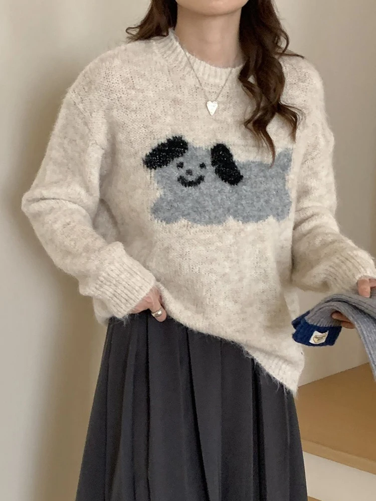 Zoki Cute Dog Print Sweaters Women Lazy Wind Long Sleeve Knitted Pullovers Japan O Neck Loose Female Kawaii Preppy Style Jumpers