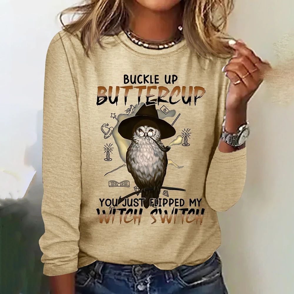 Magic Owl Print Women's T-shirts Funny Autumn Long Sleeves T shirt Casual Loose Y2K Clothes Designer Trend O-neck Pullover