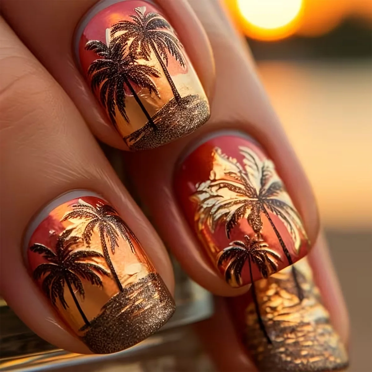 24pcs/set fake nails for women gradient red yellow Short square shape nail tips with brown ocean tree design press on nails