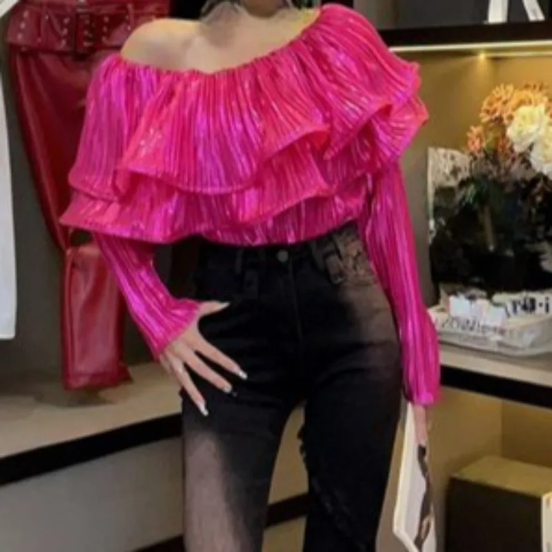 

Ruffles Slash Neck Women Shirts Vintage Hyperbole Solid Elegant Blouses Korean Fashion Spring Autumn Blusas Mujer