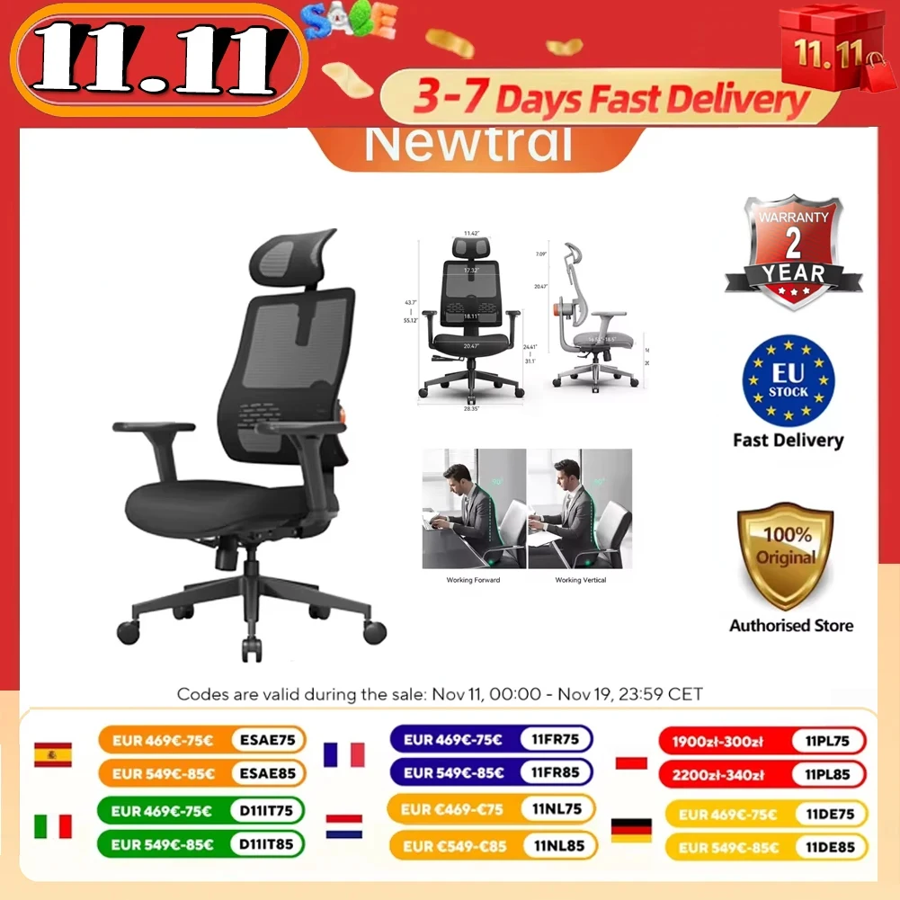 Newtral Magich003 Chaise de bureau ergonomique, dossier à enchexion automatique, support inférieur adaptatif pour le dos, siège appui-tête réglable