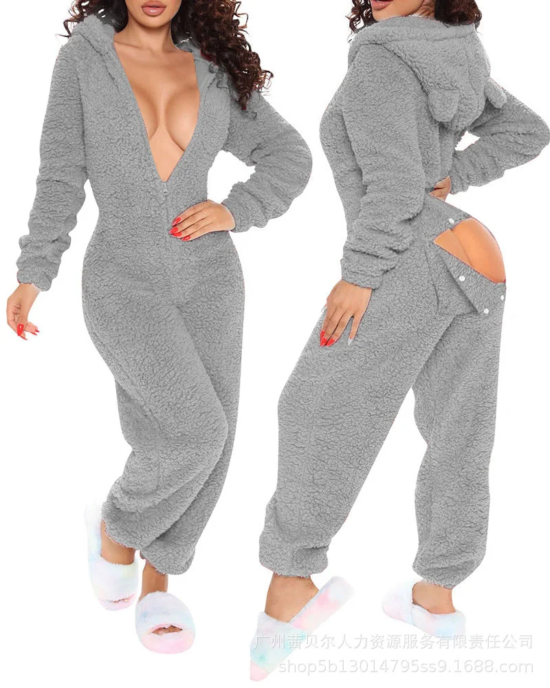 Homewear Pajamas Jumpsuits Women Autumn Winter Long-sleeved Hooded Trousers Rompers Plush Loungewear Pajamas Jumpsuit Outfits