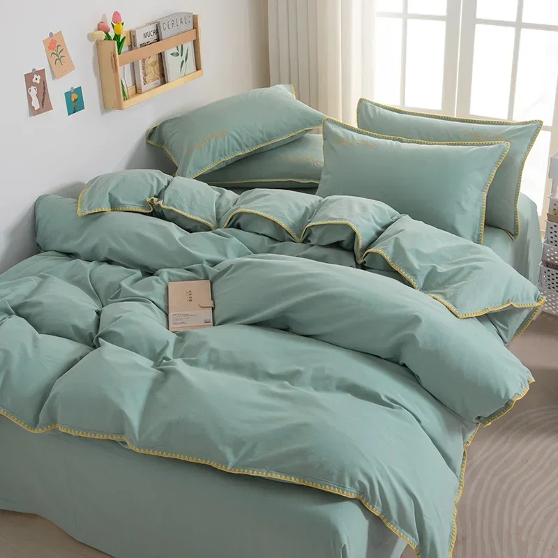 150/180/200CM Water Green Water Wash Cotton Bed Sheet Duvet Cover Pillowcase Four-piece Spring Autumn Bedding Set M063-12