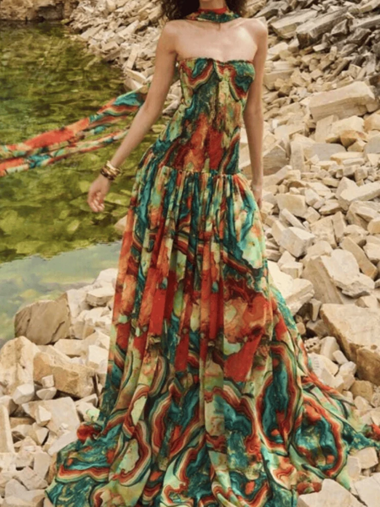 Seksowna damska sukienka bez ramiączek bez pleców Maxi sukienka damska z nadrukiem retro Bohemian Party Dress Summer bez rękawów luźne długie sukienki Vestidos