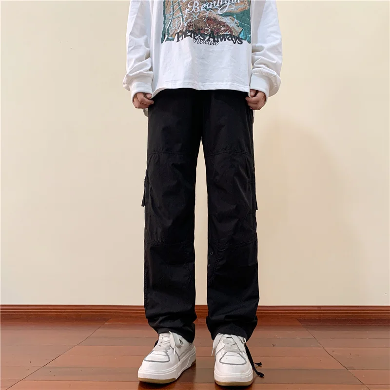 

2024 Spring Autumn Men Fashion Loose Straight Pants Male Solid Color Casual Pockets Trousers Men High Waist Cargo Pants I668