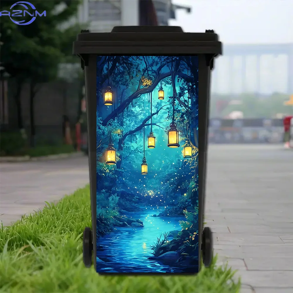 1pc Mystical Lantern River Trash Can Sticker - Waterproof PVC Night Scene Decal for Garbage Bin, Wall Art (30.99x70.0cm), Natu