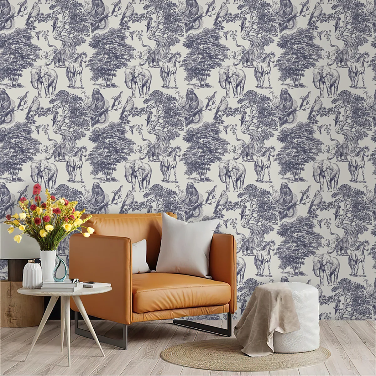 Tropical Animals Wallpaper Peel and Stick  Waterproof Horse/Elephant/Bird Self Adhesive Contact Paper for Cabinet Room Walls