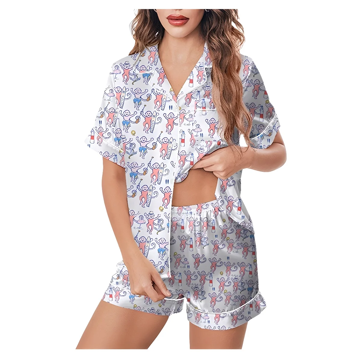 

Summer Monkey Print Ladies Spwear Set Large Size Parent-Child Home Clothes Thin Eight-Sve ort-Pants Open-Collar