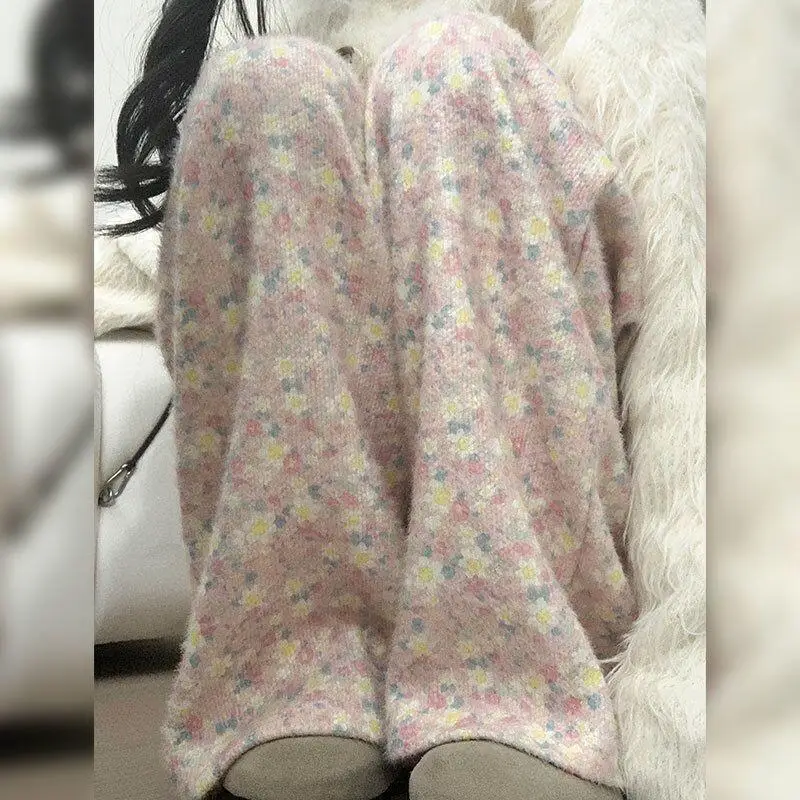 Damenhose, atmungsaktiv, Vintage, weich, Denim, Winter, Herbst, klebrig, rosa, Blumenmuster, hohe Taille, locker, lässig, Fleece, dick, weites Bein