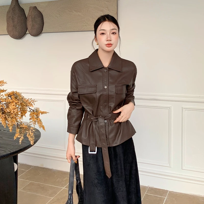 

Retro Washed PU Leather Jacket Women's Fashionable Korean Style Belted Loose Fit Versatile Long Sleeve Collar Coat