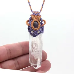 Natural White Crystal Column Stone Pendant Handmade Thread Rope Wrap Braided Macrame Healing Crystal Quartz Reiki Chain Necklace