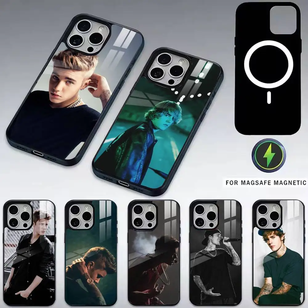 Capa de Telefone Justin Bieber para iPhone 17, 16, 15, 14, 13, 12, 11 Plus, Pro Magnética com Carregamento Sem Fio Magsafe