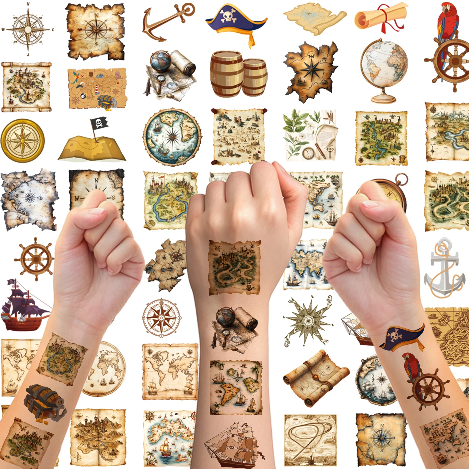 World Treasure Map Temporary Tattoos, Featuring Treasure Compasses and Nautical Adventure Elements, 10 Sheets.