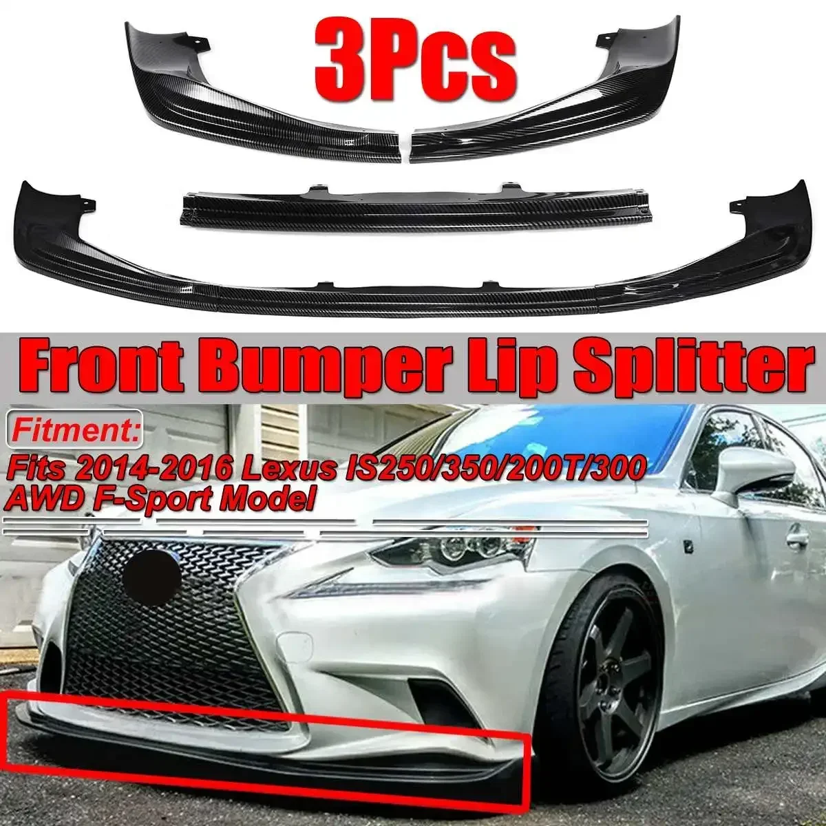 New Carbon Fiber Look 3Piece Car Front Bumper Splitter Lip Diffuser For Lexus IS250/350/200T/300 AWD F-Sport 2014-2016 Body Kit