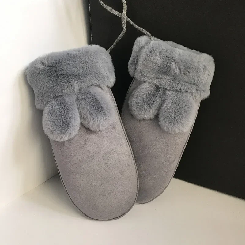 

Перчатки, однотонные, утолщенные, с лямкой на шее, зимние, теплые, мягкие, уютные, каваи, студенческие, с кроличьими ушками, ветрозащитные, велосипедные варежки, милые на полные пальцы