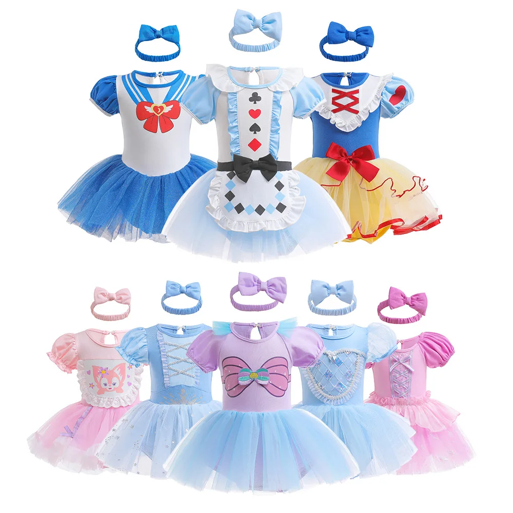 Baby Girl Birthday Outfit 2-Piece Set Short Sleeve Princess Climbing Dress Bodysuit with Ballet Tutu And Headband for Kids