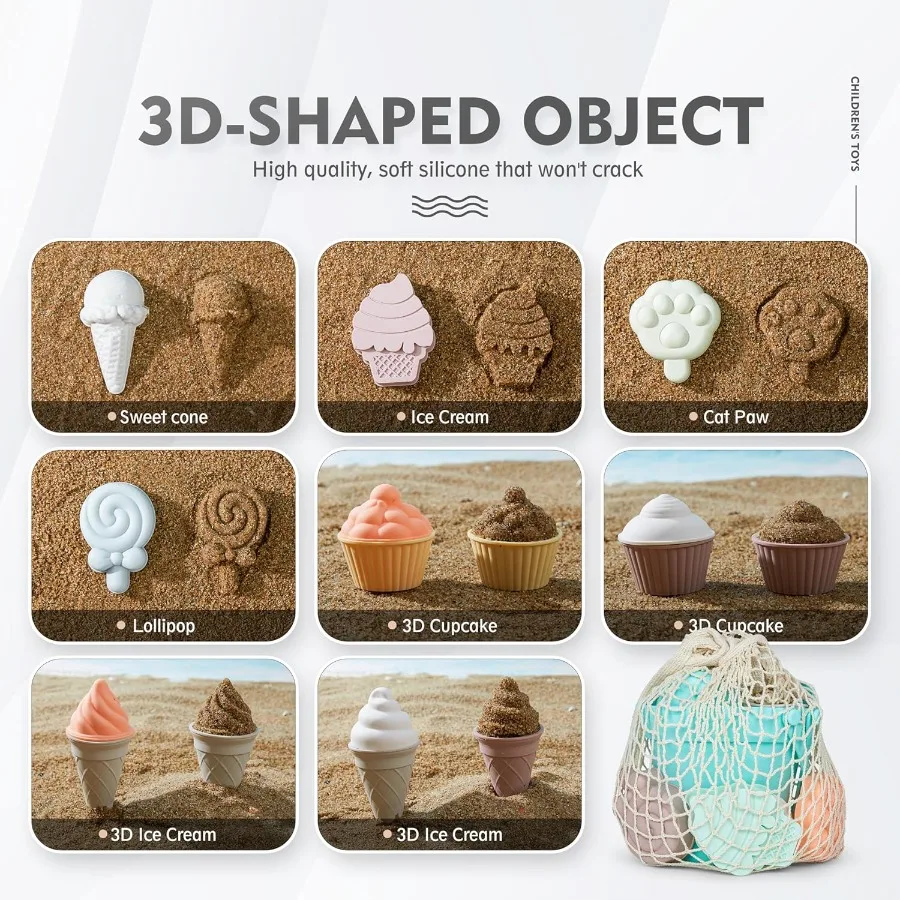 17 Uds juguetes de playa de silicona, juguetes de playa modernos para bebés, juego de playa apto para viajes, cubo de silicona, regadera, pala, 12 moldes de arena,