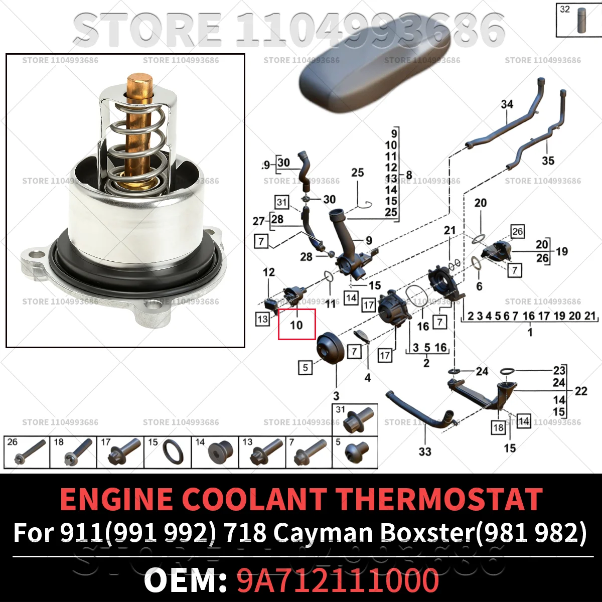 For Porsche 2001-2025 911 (991 992) 718 Boxster Cayman (981 982) Coolant Thermostat OEM 9A712111000 9A110622603 9A110622602