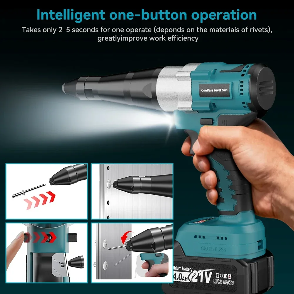 25000N Brushless Electric Rivet Gun 3.2-4.8mm Cordless Rivet Nut Gun Drill Insert Riveting Tool  Power Tools For Makita Battery