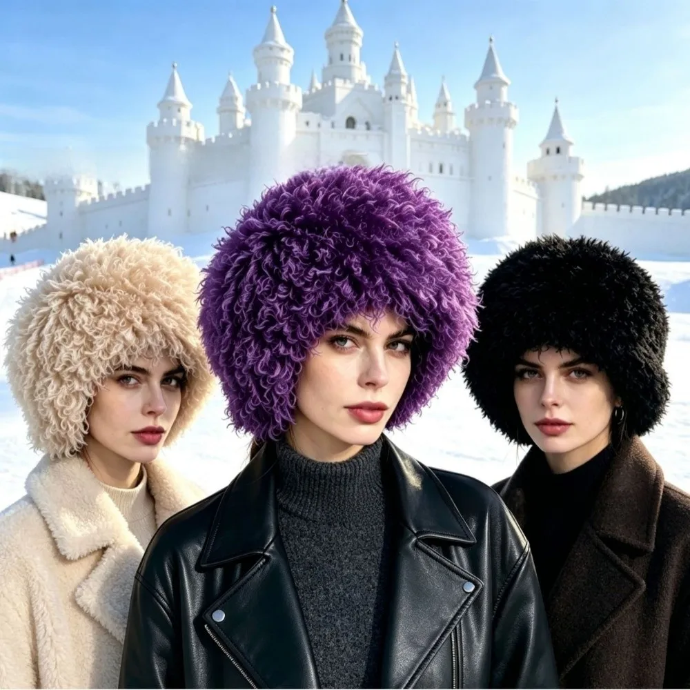 Fluffy Thick Warm Curly Faux Fur Bucket Hat Plush Face Slimming Fisherman Cap Polyester Soft Snow Hat Photo Props