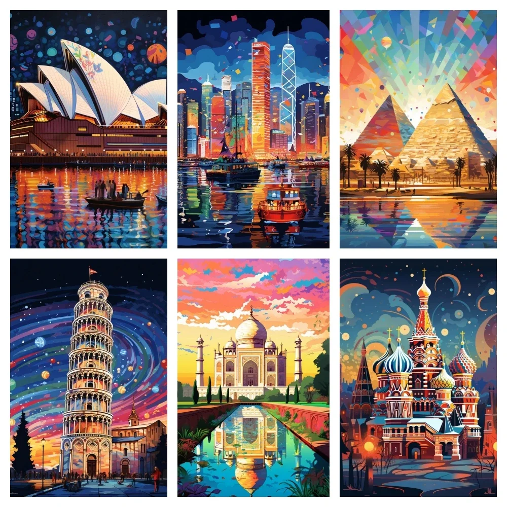 Kit de pintura de diamante de escena nocturna de ciudad, edificios de fama mundial, mosaico de diamantes redondo completo, bordado artístico, regalos de decoración hechos a mano para el hogar