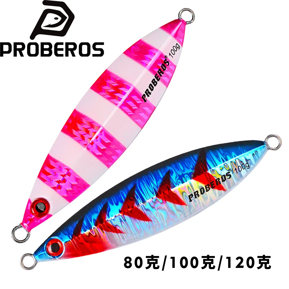 Proberos 80-120g Slow Fall Pitch Jigs 3D Simuliertes Fischauge Laserbeschichteter Hartköder 1 Stück Barsch Thunfisch Salzwasser Jigging Angelköder