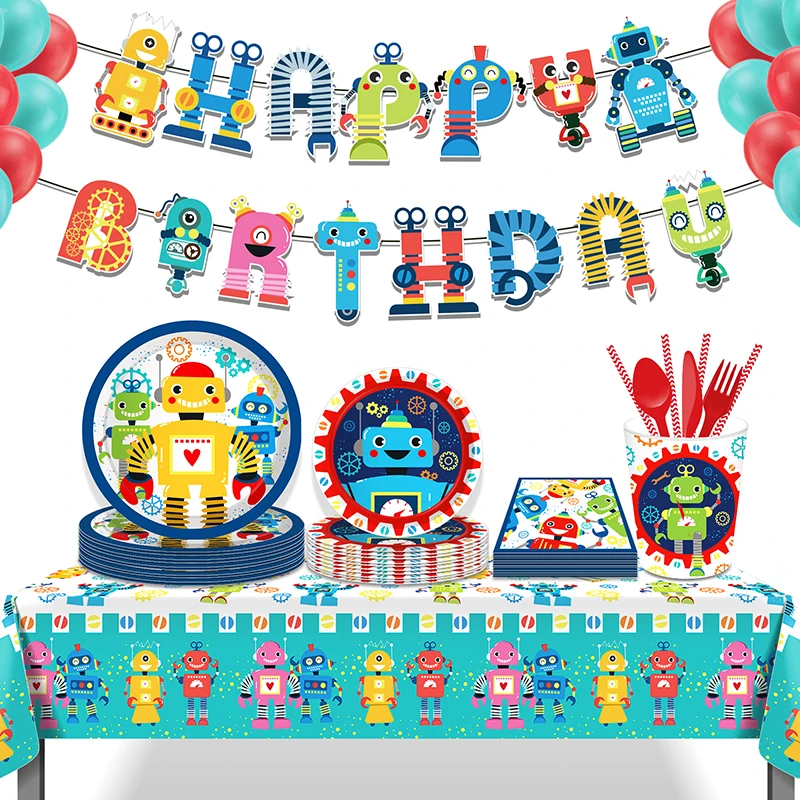 Robot Game Themed Birthday Decorations Disposable Tableware Paper Plate Cups Napkins Robot Foil Balloon Kids Birthday Decoration