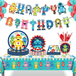 Robot Game Themed Birthday Decorations Disposable Tableware Paper Plate Cups Napkins Robot Foil Balloon Kids Birthday Decoration