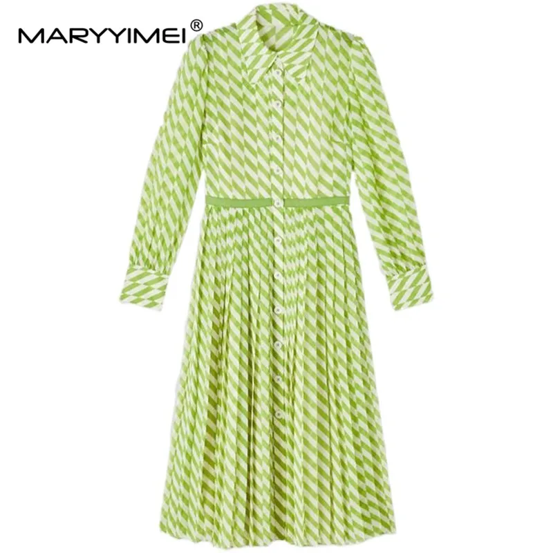 MARYYIMEI Fashion Designer Spring Women's dress Turn-down Collar Single breasted Long sleeved Striped Print Slim Elegant Dresses