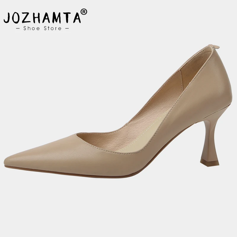 JOZHAMTA Size 33-40 Women Pumps Real Leather Sexy Solid High Heels Sheos For Women Pointed Toe Thin Heel Party Ladies Fashion