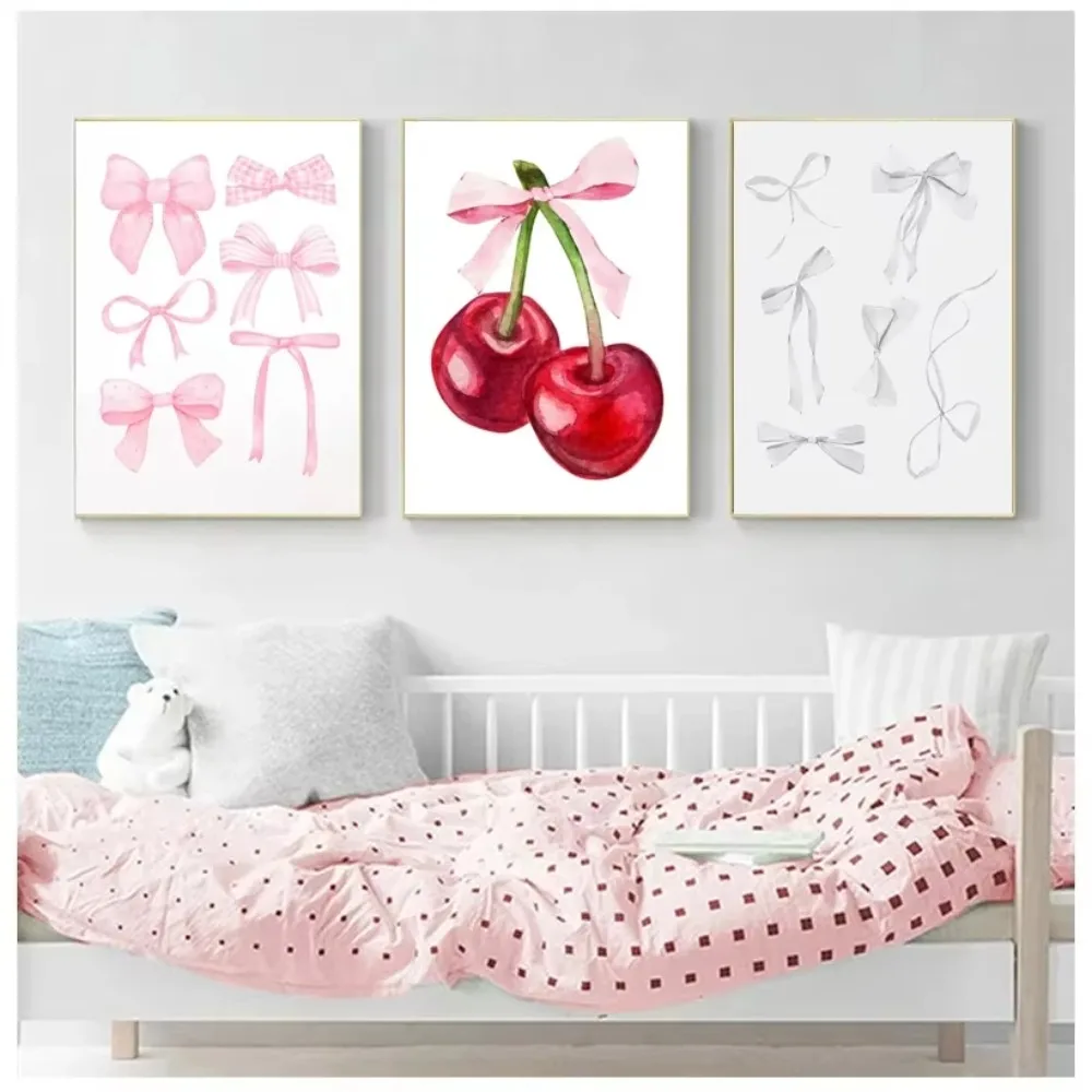 1/3pcs Pink Black Grey Funny Cartoon Bow Art Poster Bow Cherry Wall Art Picture Canvas Print Painting Girl Room Decoration